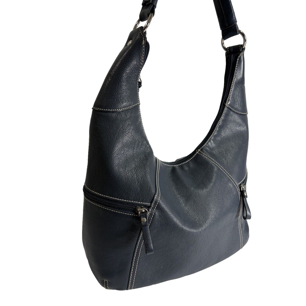 Aurielle Women's Navy Blue Leather White Stitching Shoulder Bag Hobo - Picture 5 of 9